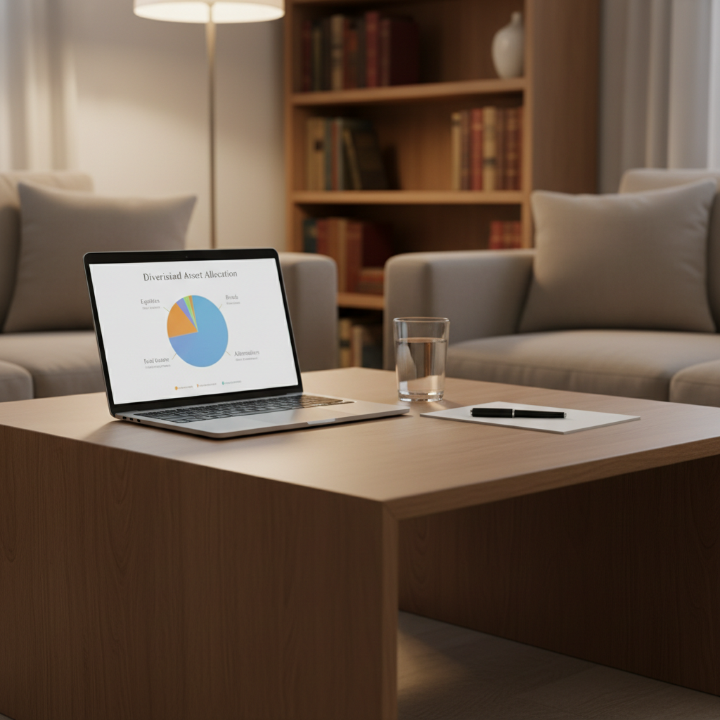 A contemporary wooden coffee table with a smooth matte finish, holding a slim laptop open to a diversified asset allocation chart, next to a transparent glass of water and a simple pen resting on a blank notepad. In the background, a neutral-toned sofa and a blurred bookshelf with a few indistinct books suggest a comfortable living room. Warm, indirect evening lighting from a floor lamp off-frame creates a cozy yet serious mood, with soft highlights on the laptop edges. Photographic realism, framed with the table in the foreground using the rule of thirds, signifying thoughtful long-term asset formation and calm financial decision-making at home.