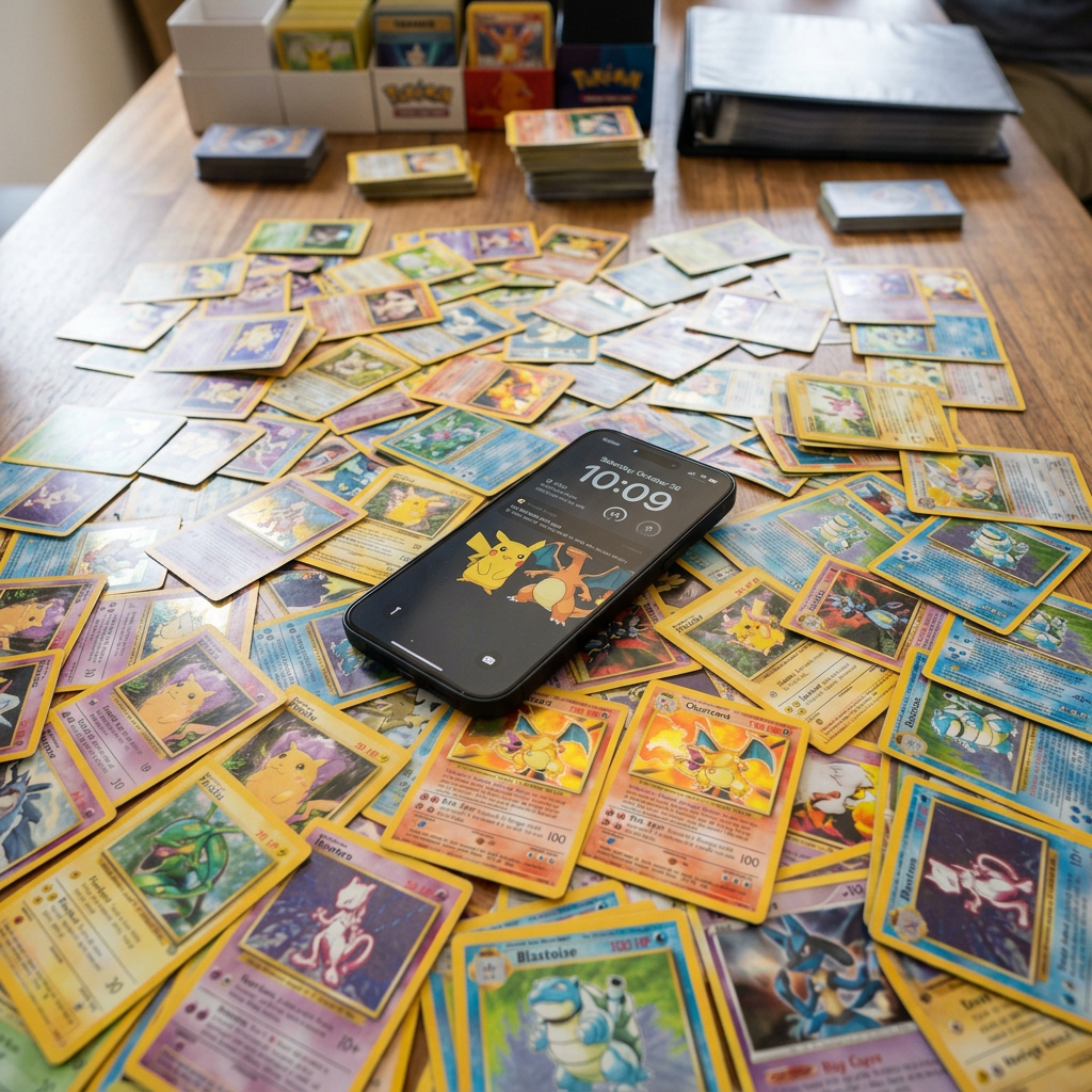 People sorting Pokémon cards around a table with a phone displaying Pikachu and Charizard